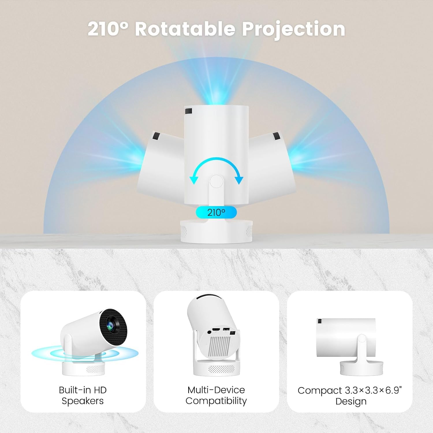 Mini Portable Projector with Wifi6 and Bluetooth, 4K Projector Support 5w Sound Base Speaker, 160 ANSI, Android 11, Auto Vertical Keystone 210°Rotatable Proyector for Home Bedroom Outdoor HY300 ULTRA