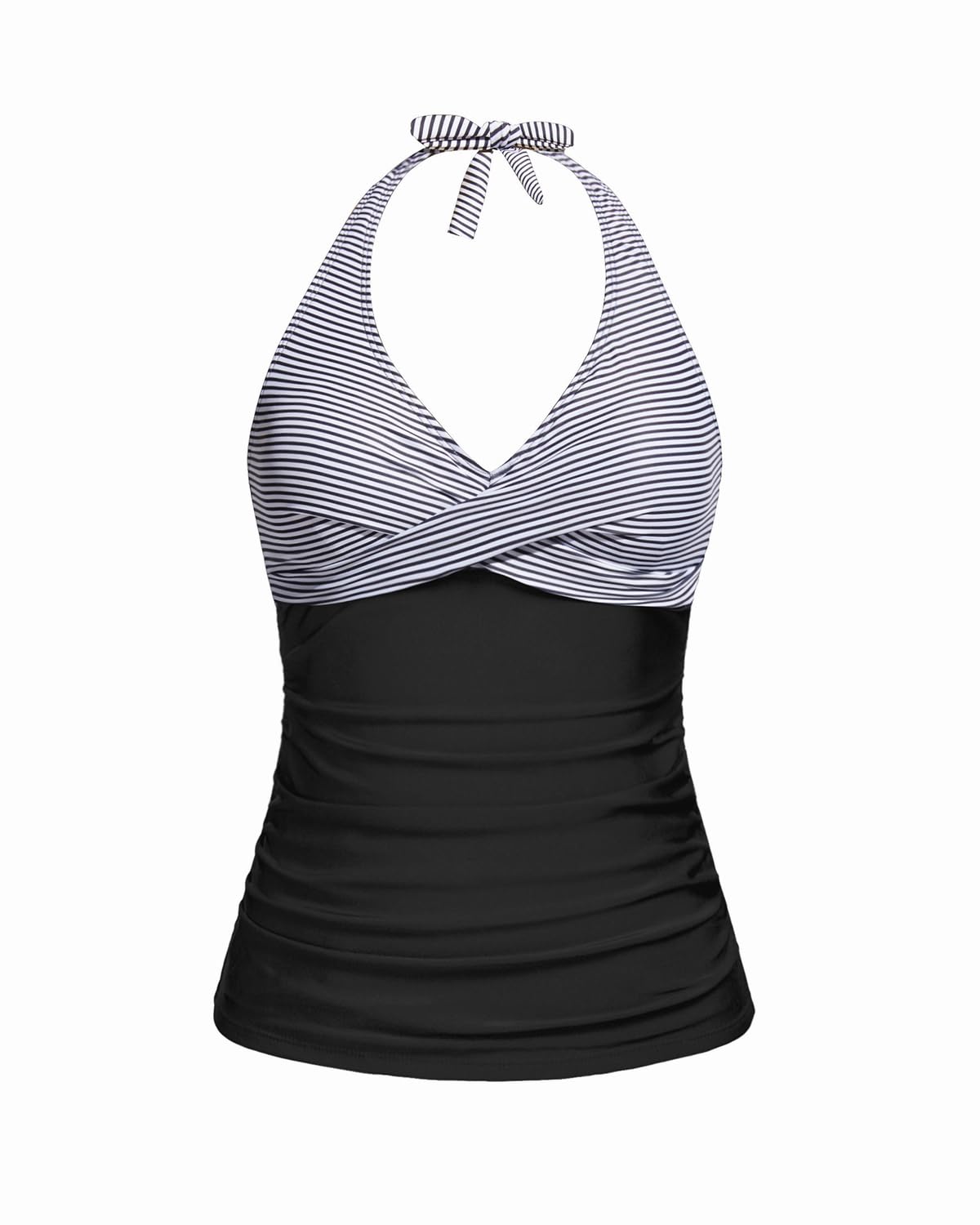 Photo 1 of Tempt Me Women’s Black White Striped Tankini Top Halter Tummy Control Swim Tops Only Twist Front V Neck Bathing Suit No Bottom M