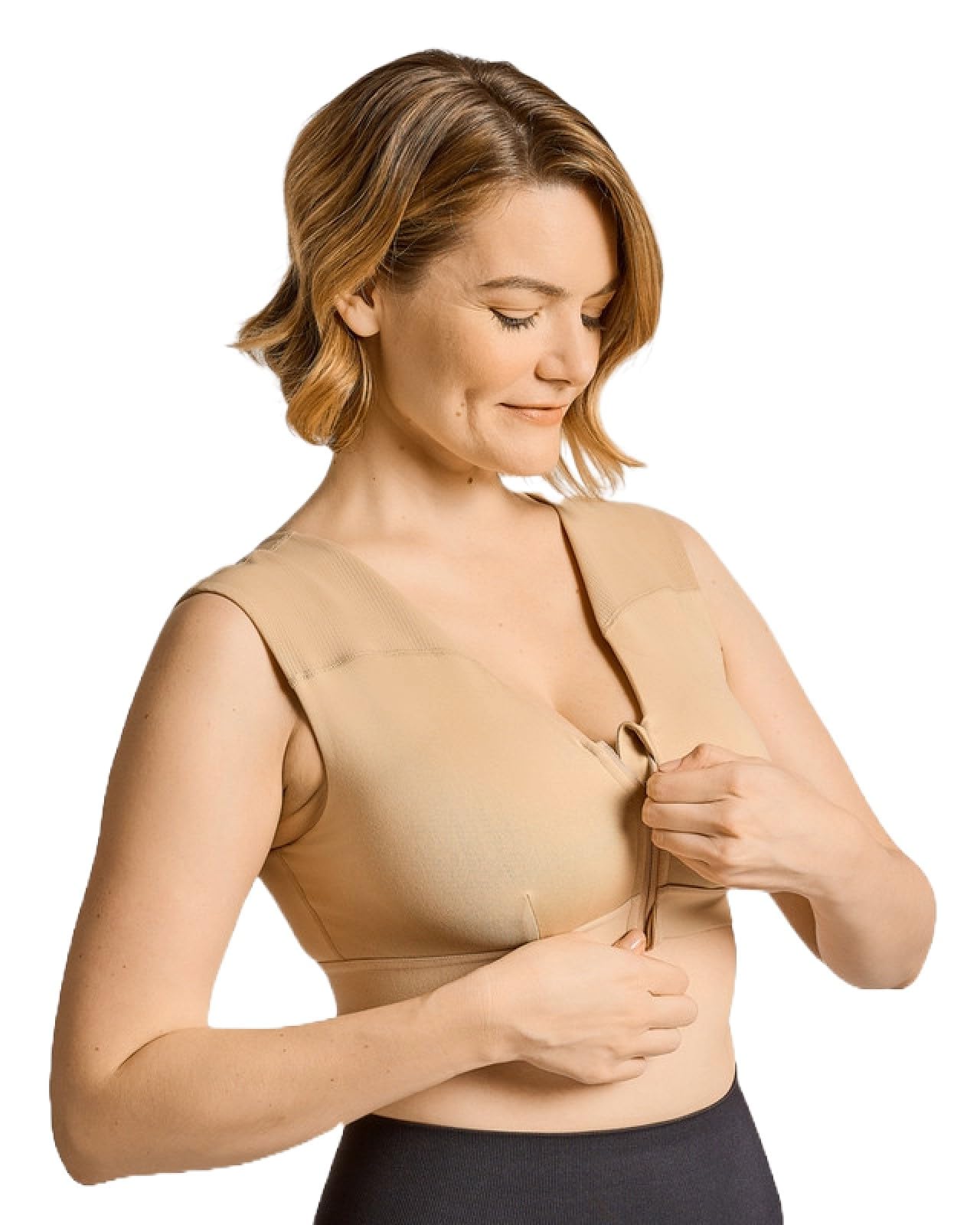 Photo 1 of Tommie Copper Shoulder Support Compression Bra with Front Zipper Closure - Wireless Posture Corrector & Back Support Bra, Ideal for Gardening, Yoga, and Sports, UPF 50 - Nude, Medium