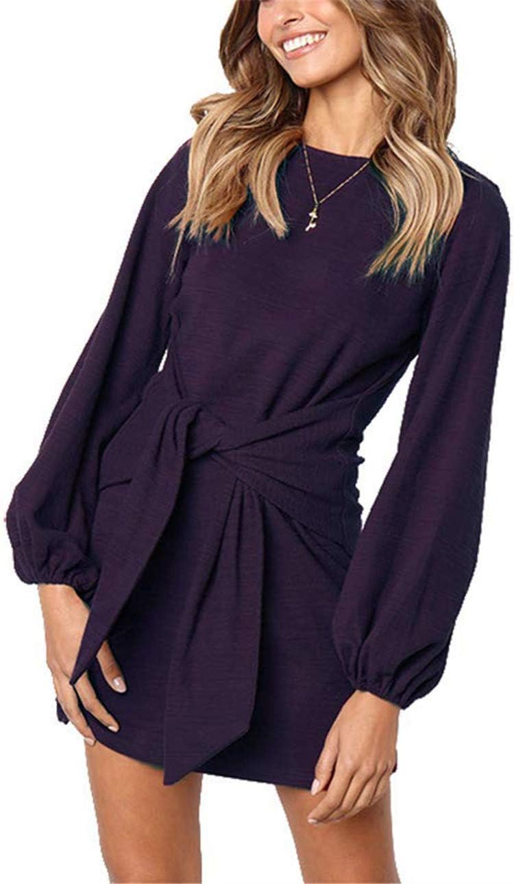 MIDOSOO Womens Casual Round Neck Puff Sleeve Solid Pencil Dress with Belt Purple L