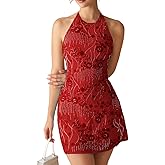 EHSUYAB Women 2000S Beaded Mini Dress Backless,Sparkly Sequin Rhinestone Floral Embellished Dresses,Homecoming Cocktail Party