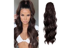 KETHBE 24 Inch Long Body Wave Ponytail hair Extension Synthetic Heat Resistant Wrap Around Drawstring Curly Wavy Ponytail Hairpieces for Women (4#)