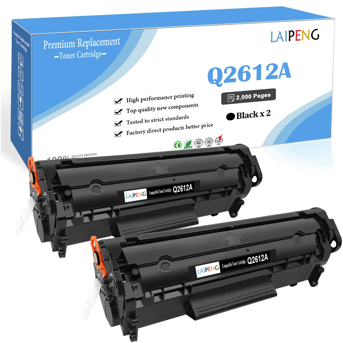 LAIPENG Compatible Toner Cartridge Q2612A 12A up to 2000 Pages for HP LaserJet 1010 1012 1015 1018 1020 1020 plus 1022 3015 3020 3030 3050 3052 3055 M1005 MFP M1319 MFP Printers ( Black x 2 )