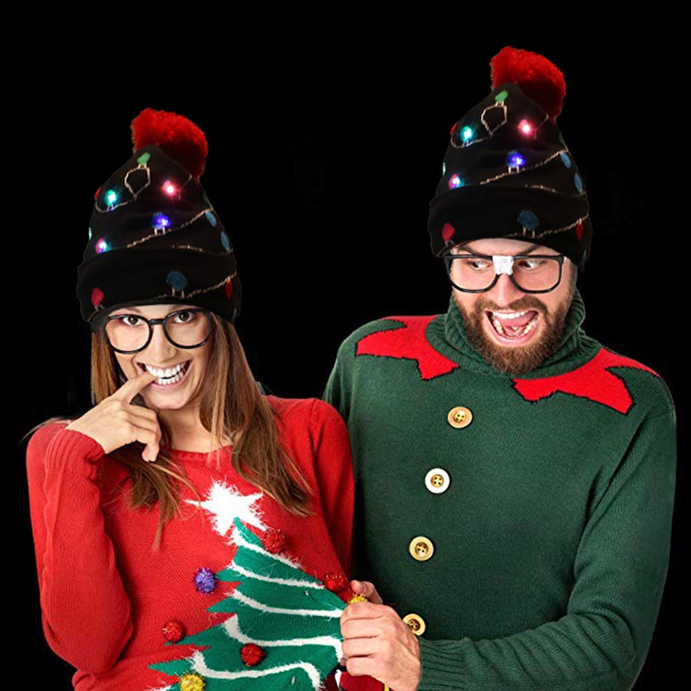 Amor LED Light up Christmas Hat Beanie Knit Cap and LED Gloves Unisex Ugly Sweater Holiday Xmas Accessories