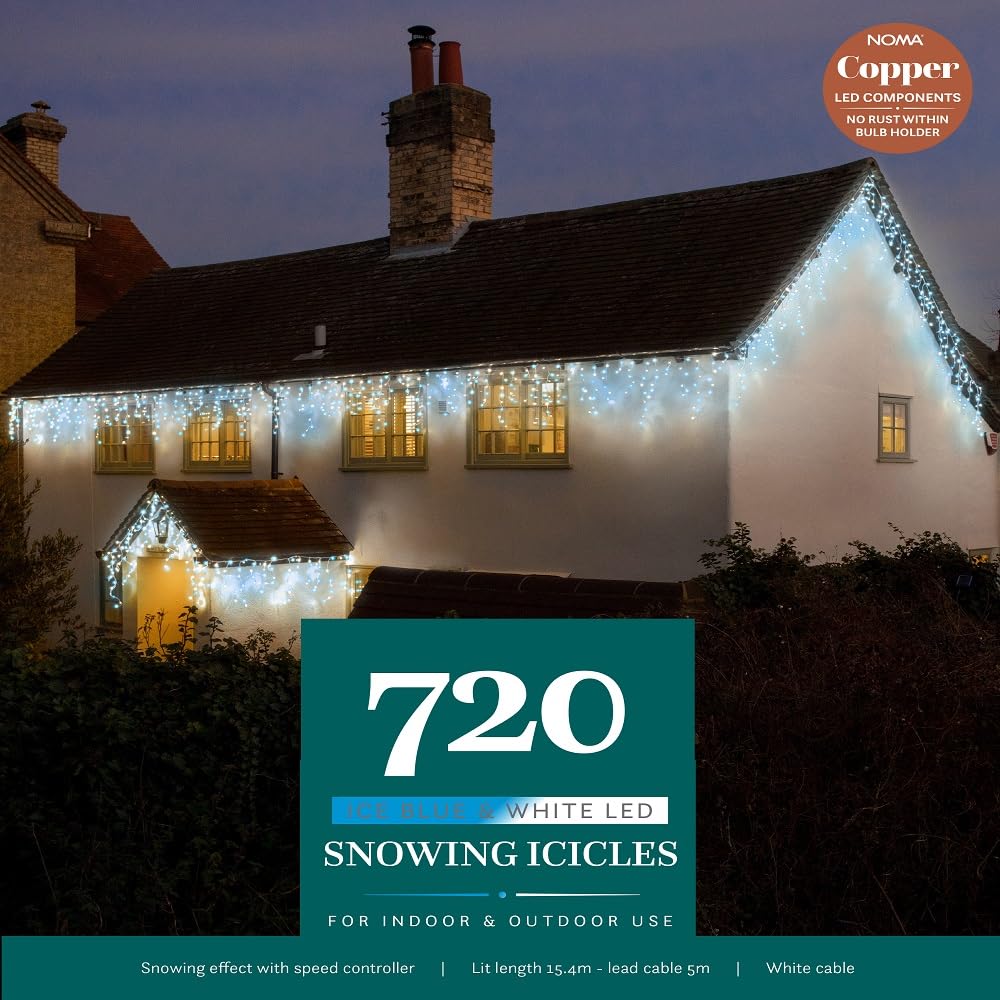 Noma Snowing Icicle Christmas Lights with White Cable, 720 White/Ice Blue LEDs, 20.4 m