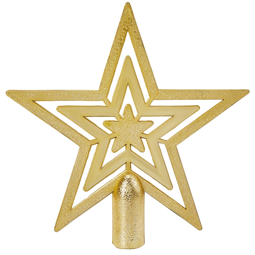 CREATCABIN 5Pcs Star Christmas Tree Topper Ornaments Golden Plastic Hollow Christmas Decoration Pentagram Star Christmas Tree Toppers for New Year Holiday Party Home Outdoor Tree Decor 5x5x0.67in