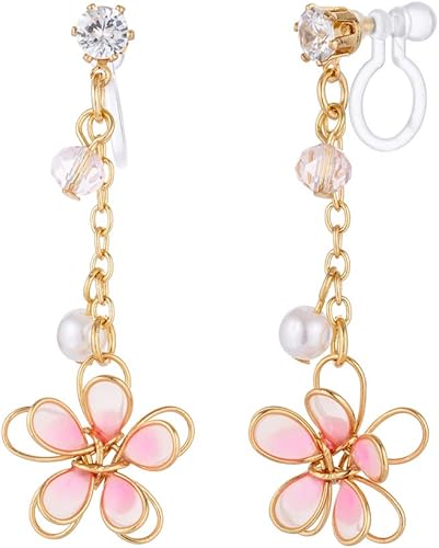 Amazon Onnfmh イヤリング 花 揺れる レディース チェーン プレゼント ピンク 樹脂クリップ イヤリング イヤリング 通販