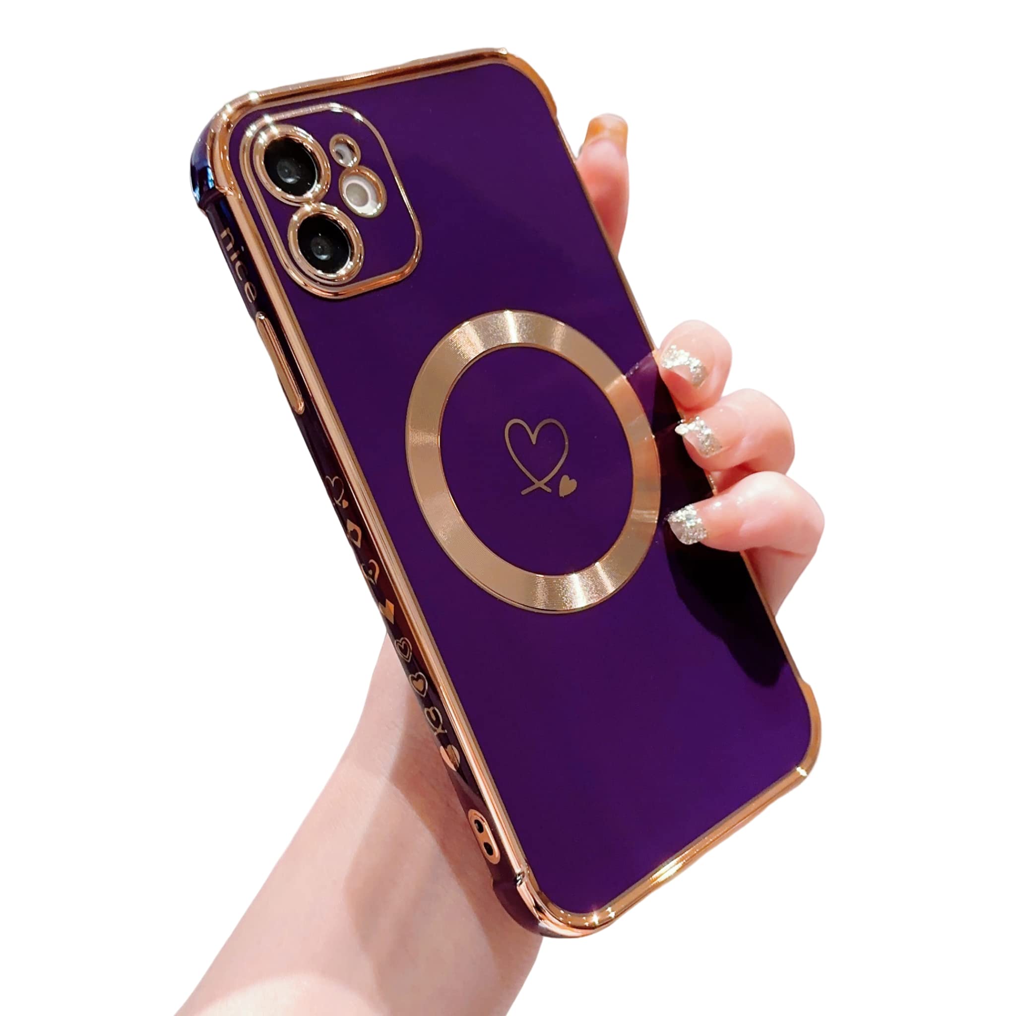LRANKAI Compatible with Magsafe Case for iPhone 11,Love Heart Pattern Electroplated Design Soft TPU Shockproof Protective Full Camera Lens Protection Magnetic Case for iPhone 11-Deep Purple
