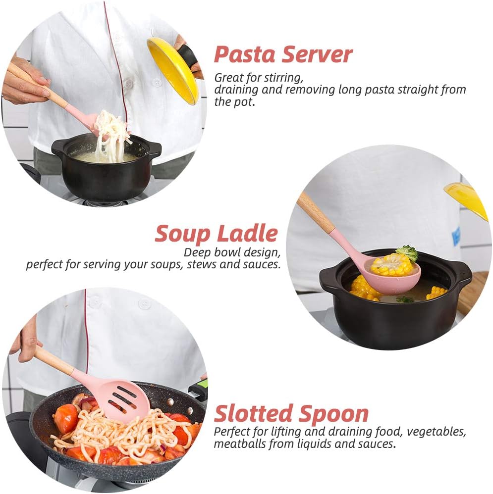 28 Pcs Kitchen Utensil Set, STRAWBLEAG 12 Pcs Non-Scratch Silicone Cooking Kitchen Utensils Set with 5 Pcs Measuring Spoons and 11 Pcs Hook, Heat Resistant Wooden Handle Cooking Utensil Set (Pink): Kitchen & Dining