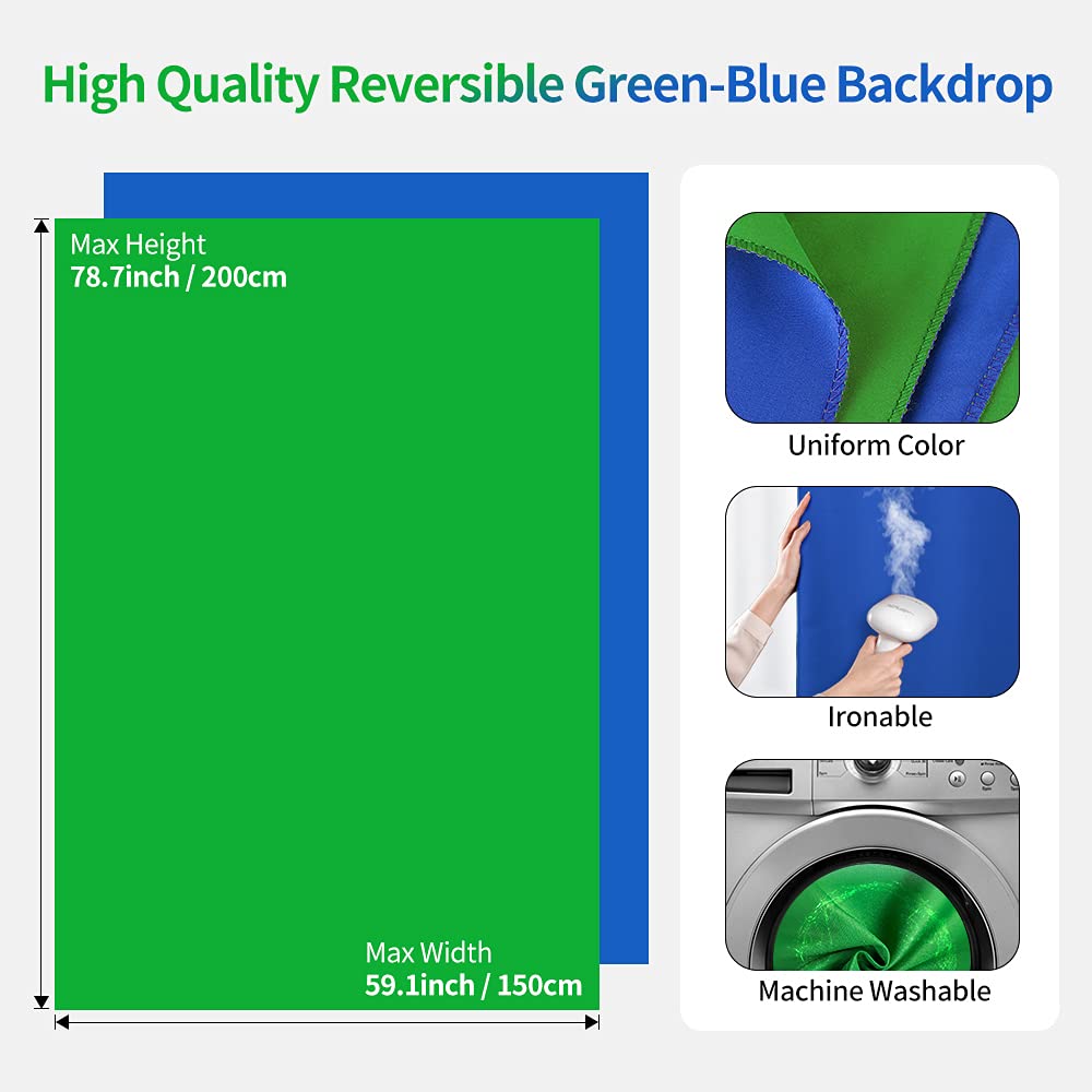 HEMMOTOP Blue Green Screen Backdrop Kit, 2-in-1 7x5 ft Green Screen Stand for Streaming, 6.5x5 ft 2-Sided Reversible Blue Photo Background with Backdrop Stand for Photography, Zoom with Case & Clips