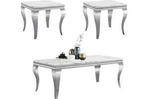 HENF 3 Piece Living Room Table Set, White Coffee Table with 2 End Side Table, Faux Marble Top Coffee Table Set with Stainless Steel Frame for Home Office, Luxury Home Coffee Table Set of 3 (Silver)