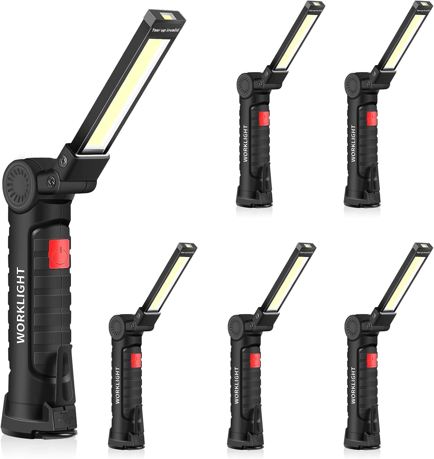 ONEVER Rechargeable Work Light, LED Torch Portable Inspection Lamps 360° Rotate Flashlight with Magnetic Base and Hook 5 Modes Camping Light for Garage,Workshop and Emergency (6 Pack, Small)