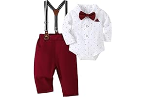 AMAWMW Baby Boy Clothes Suits 0-18M Long Sleeve Dress Shirt Suspender Pants Bowtie Set Gentlemen Wedding Outfit