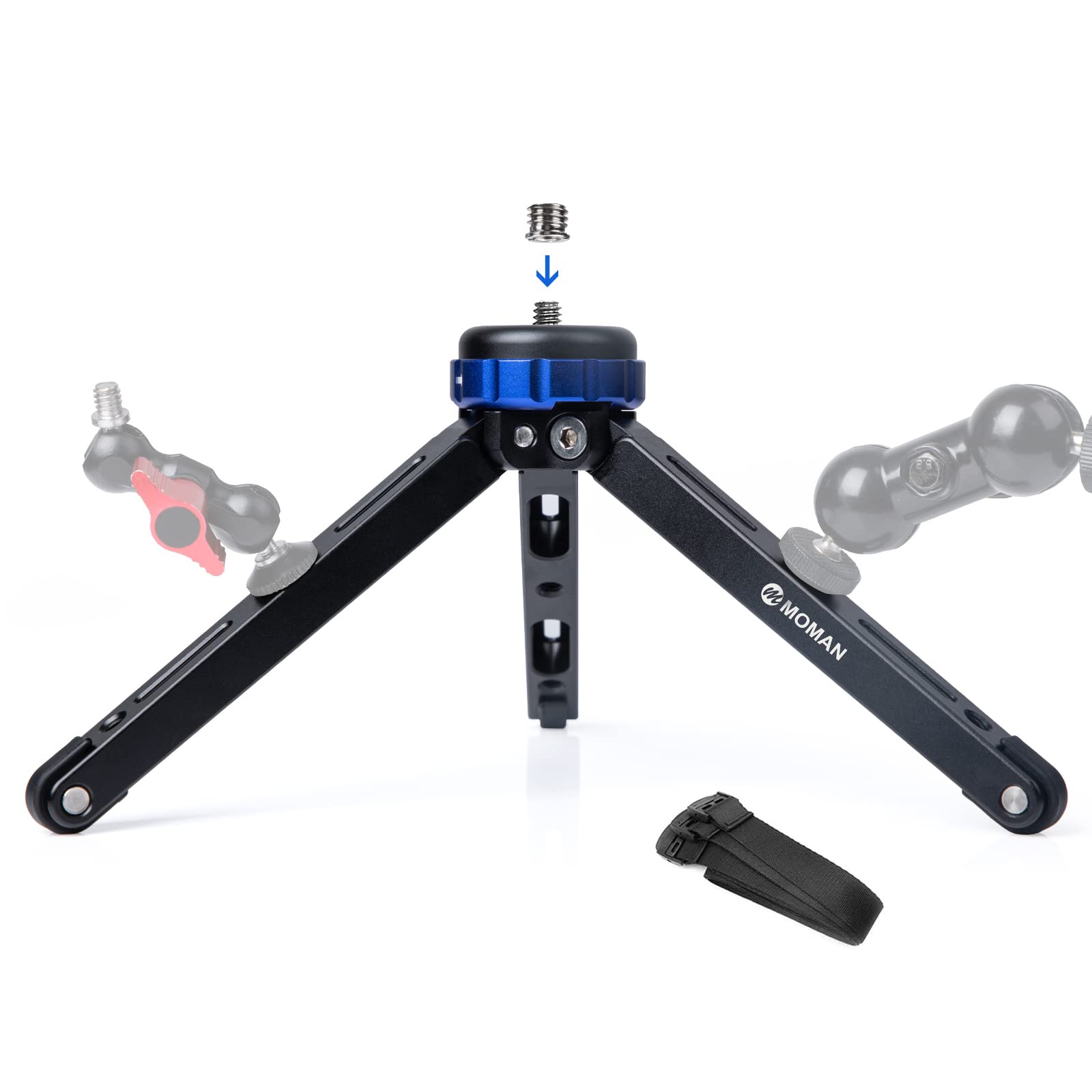 Mini Tripod, Moman Tabletop Travel Camera Tripod Desktop TR01 with 1/4 and 3/8 Screw Mount and Function Leg CNC Aluminum Design for Camcorder Gimbal Stabilizers Max Payload of 176 Lbs/80Kg, Blue Black
