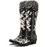 MissFox Cowboy Boots for Women Knee High Cowgirl Boots Black Western Style Embroidery Chunky Heel High Boots