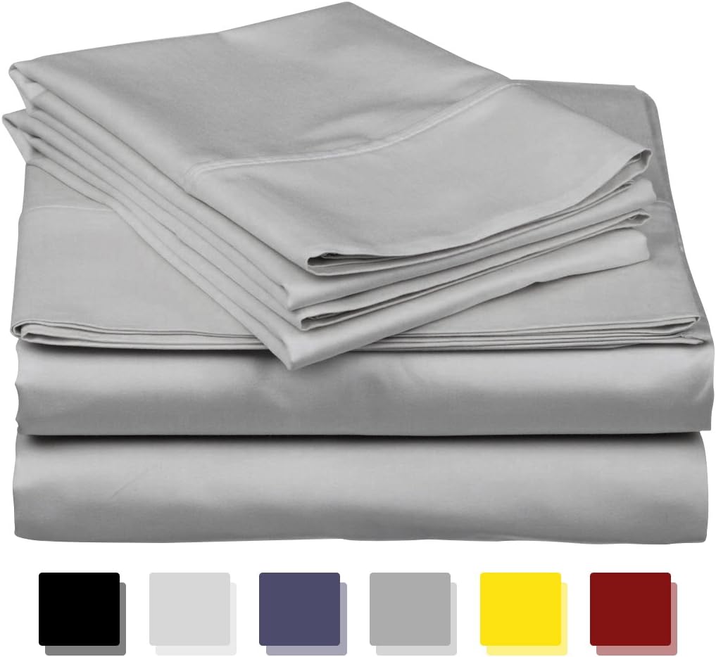 600 TC Cal King Size Sheet Set - 100% Cotton Sheets - Silky & Soft Like Egyptian Cotton - Fits Mattress Upto 18'' DEEP Pocket, Sateen Weave 4Pc Bed Sheets - Hotel Quality Cotton Sheets (Silver)