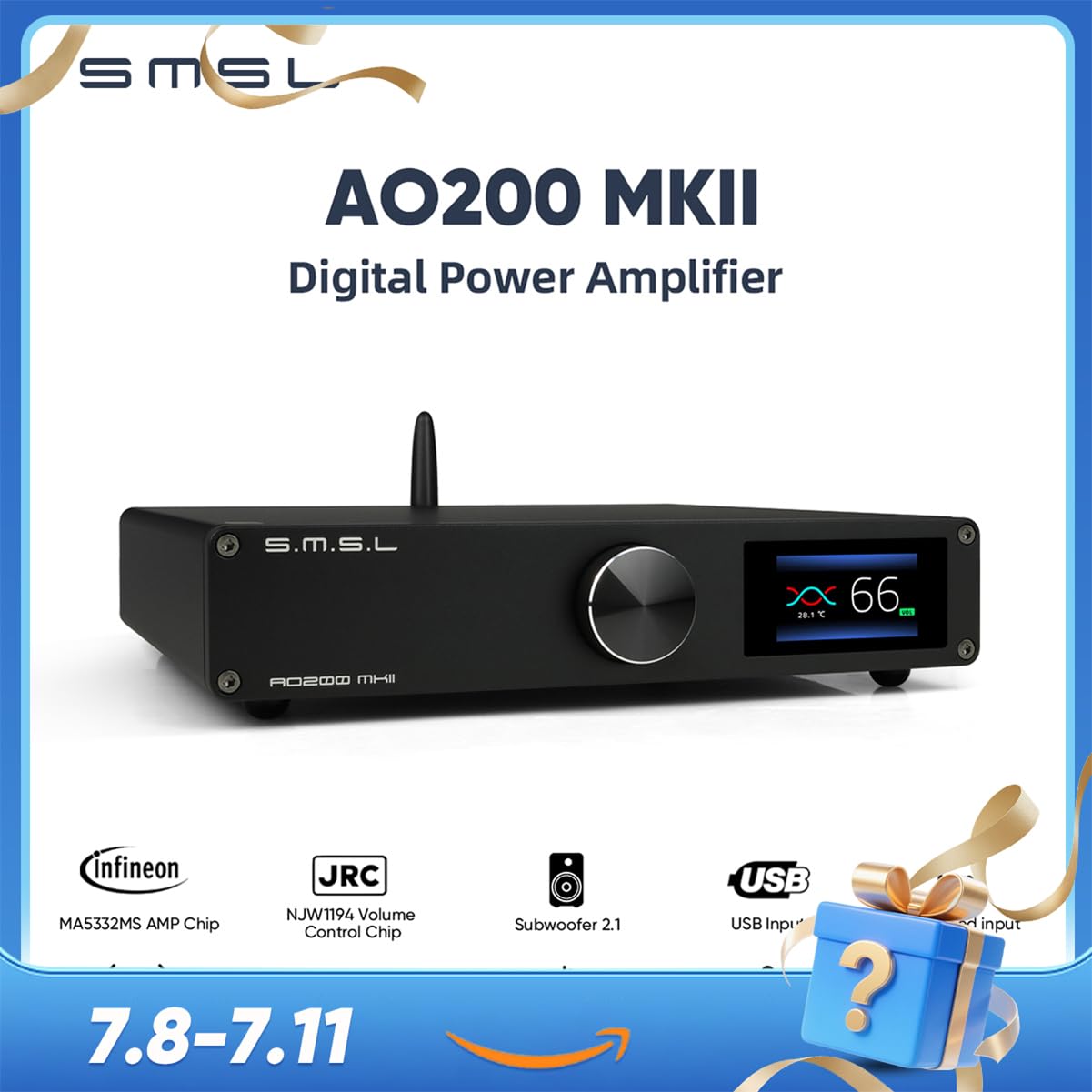 SMSL AO200MKII HiFi Power Amplifier MA5332MS Chip 160W x 160W Class D Amp USB/RCA/XLR Input Stereo Amps 2.1 Channel Digital Audio Amplifiers for Desktop Bookself Home Subwoofer/Passive Speaker