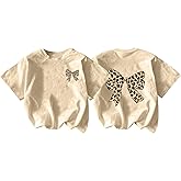 Girl's Bow Leopard Graphic Tees Short Sleeve Cute Preppy Pink Bow Print T-Shirt Casual Crewneck Tops