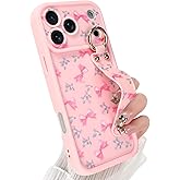 Jefonha Compatible with iPhone 17 Pro Max Case with Finger Hand Strap for Girls Women, Cute Bows Bowknot Phone Case with Wristband Kickstand, Durable Silicone Protective Cover, Pink Bow