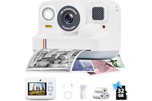 BILEBAK Instant Print Camera for Kids, Christmas Birthday Gifts for Girls Boys Age 3-15, 1080P Selfie Portable Digital Video Camera with 32GB SD Card, 3-Colored Print Paper- White