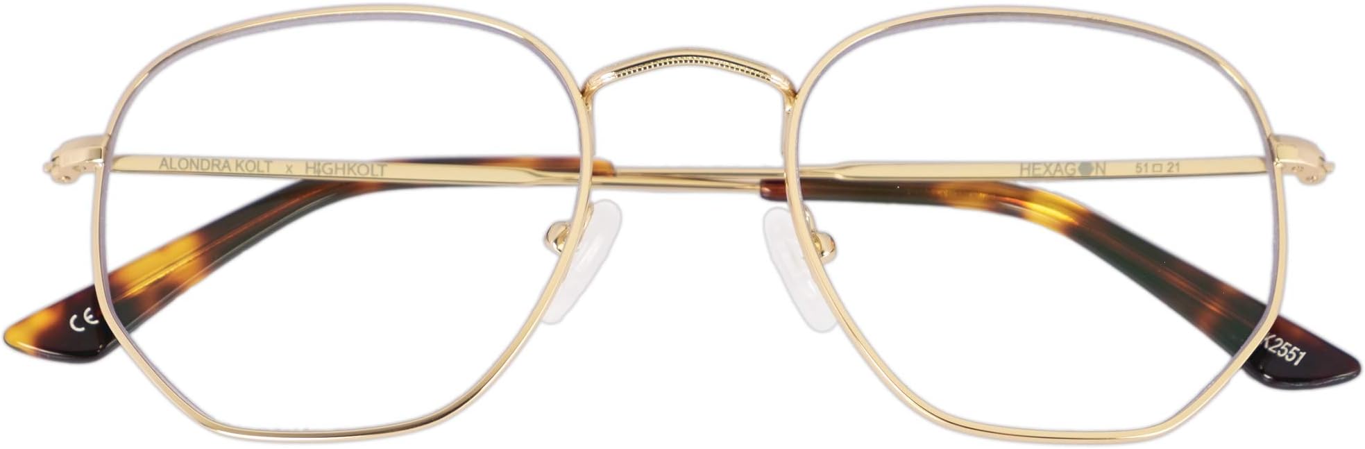 Alondra Kolt x HIGHKOLT The Hexagon Blue Blocking Glasses for whom Facing All Screens - DV-39, 51mm AK2551 (Gold Frame/Blue Blocking DV-39 Lenses)