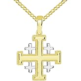 14k Yellow Gold Two Tone Crusaders Jerusalem Cross Pendant with Cuban Chain Necklace