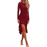 Nova In Sky Women's 2025 Fall Wedding Guest Dress Mesh Long Sleeve Ruffle Formal Cocktail Party Ruched Bodycon Midi Dresses