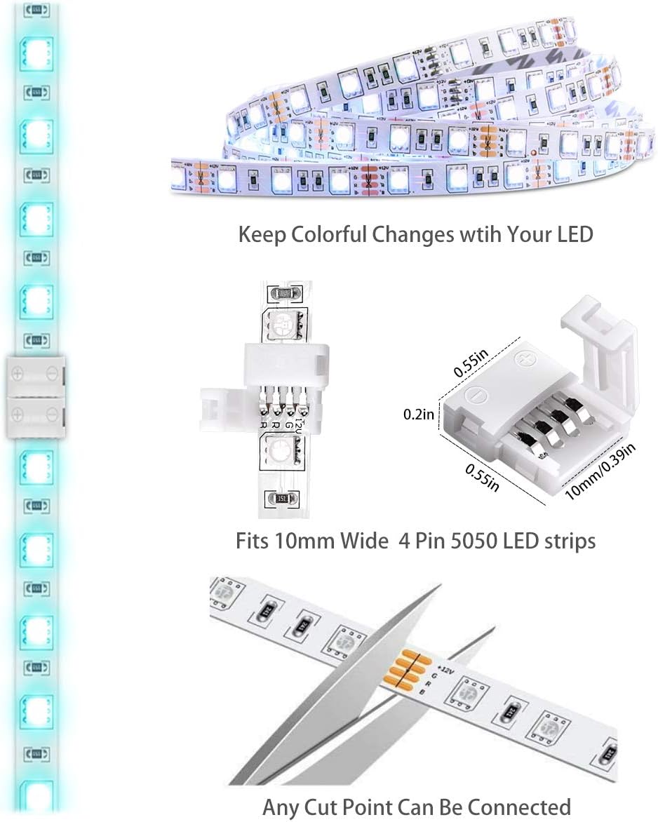 LED Light Strip Connectors, 10mm Unwired 4 Pin RGB LED Lights Connectors kit, 12 Gapless Connectors, 6 L Shape Connectors for SMD 5050 Multicolor LED Strip 12V-24V with 20 Wire Clips, Open Tool: Home Improvement
