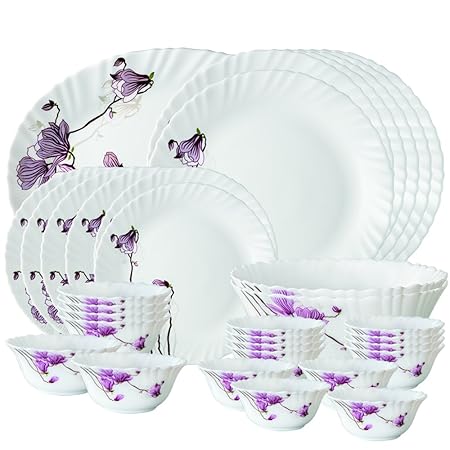 Larah By Borosil Lily Blossom Opalware Dinner Set, 33-Pieces, White