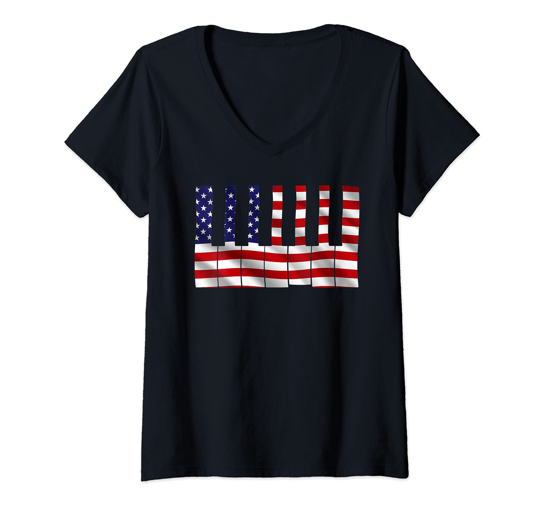 Womens US Flag Piano Keyboard Pianist Classical Musician Piano V-Neck T-Shirt
