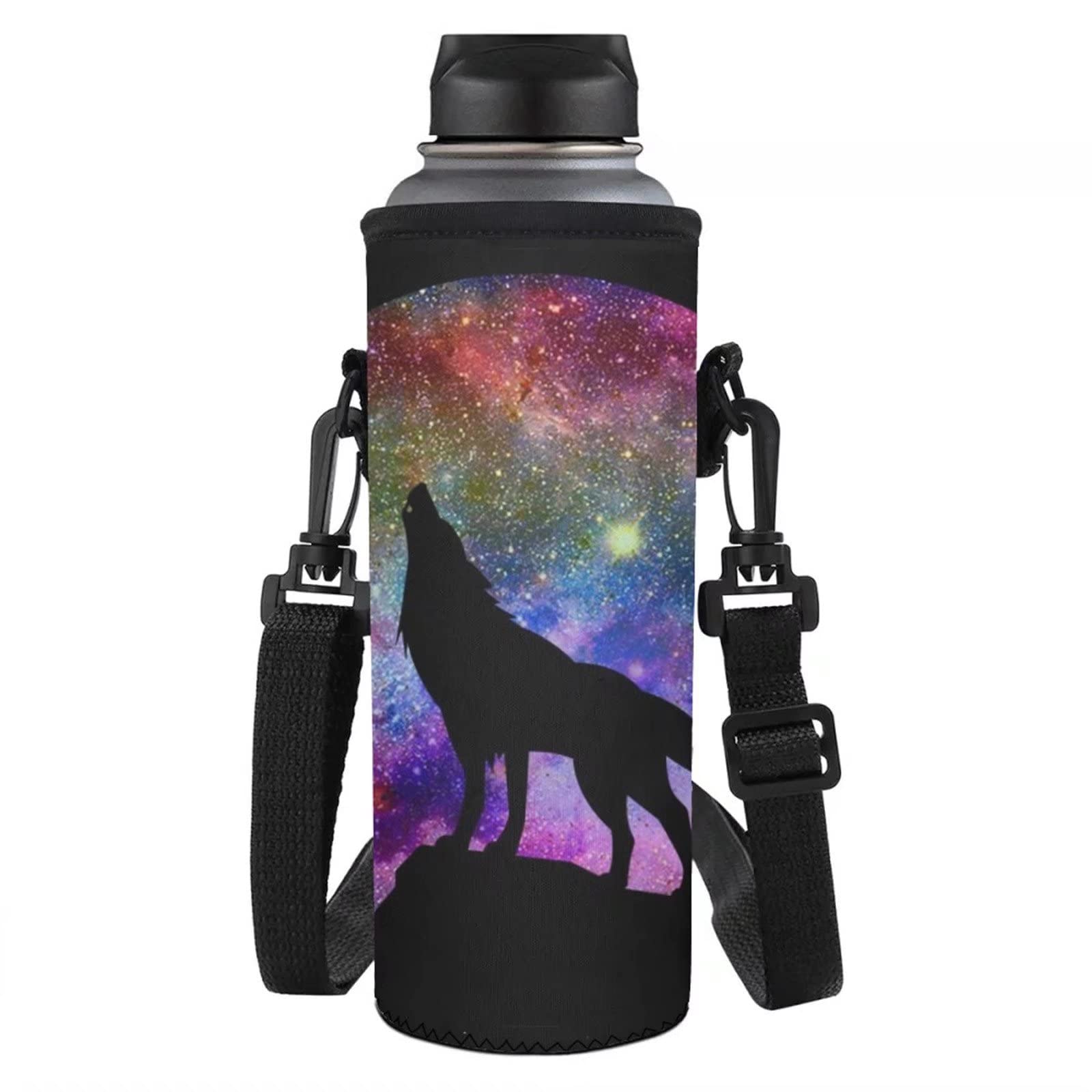 SEANATIVE Wolf Howl Starry Night Print Water Bottle Sling Bag Neoprene Bottle Sleeve with Shoulder Strap for Boys Girls Women Men