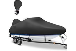 Boatpro 1200D Waterproof Boat Cover with Motor Cover, Solution-Dye Marine Canvas Trailerable Boat Cover 20-22ft for 20 feet 21ft 22' Foot V-Hull Bass Boat Tri-Hull Runabout Boat,Deep Black