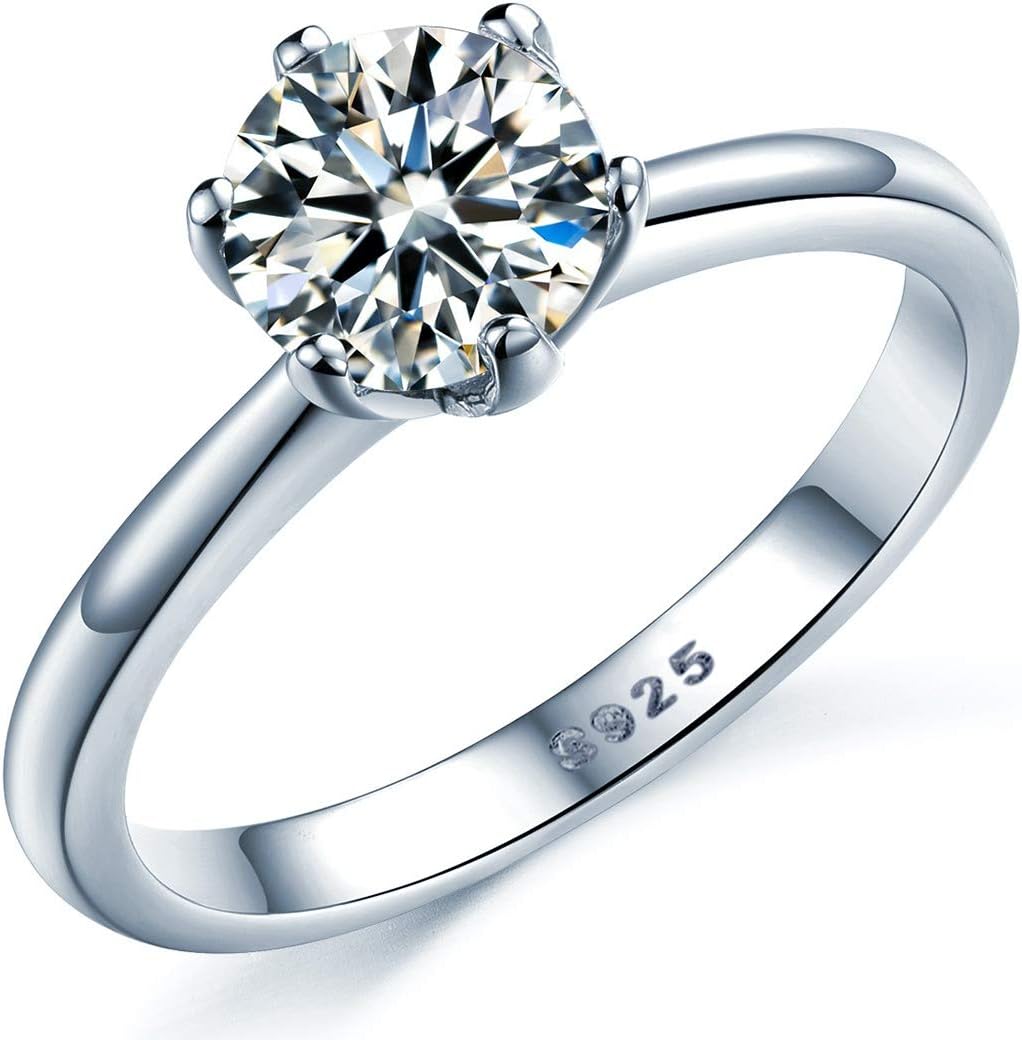 Sreema London925 Sterling Silver Brilliant Round Cut Crystals Solitaire Promise Forever Eternity Engagement Wedding Rings for women
