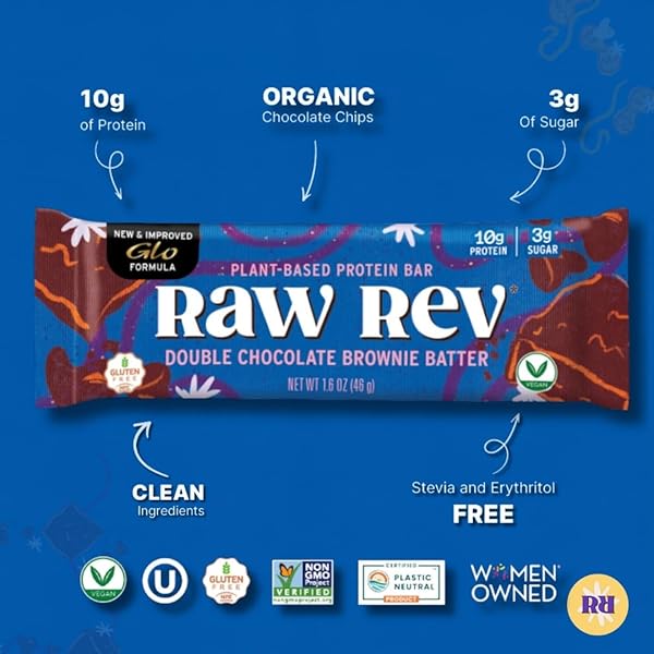 RAW REV VEGAN PROTEIN BARS- DOUBLE CHOCOLATE BROWNIE BATTER, 12 BARS, NON-GMO, PLASTIC-NEUTRAL, NOTHING ARTIFICIAL, GLO FORMULA, GLUTEN-FREE, KETO-FRIENDLY, PALEO, KOSHER, NO SUGAR ALCOHOLS, NO STEVIA.