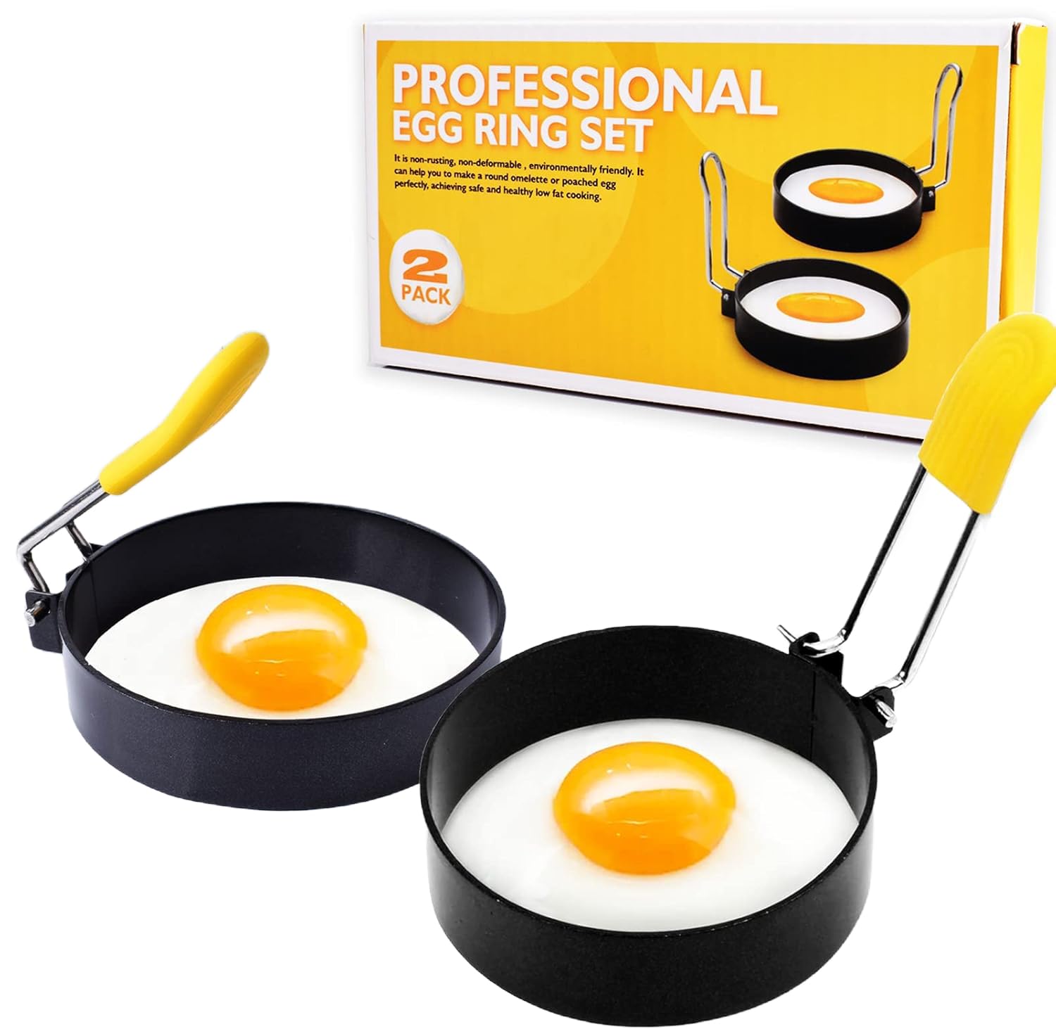 Cdycam Non Stick Egg Ring with Silicone Handle and Brush, Stainless Steel Egg Rings Set for Frying Egg Pancake Mcmuffins, Egg Molds Cooking Rings (2 pcs)