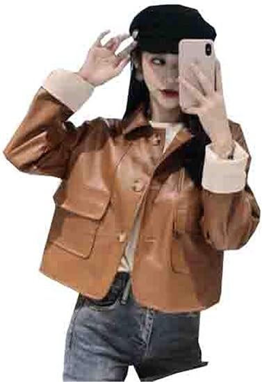 Amazon ヤンーチ レディース ブルゾン シングルブレスト 無地 ライダースジャケット 長袖 スリム レザー服 秋冬 マニッシュ ラペル S L 18 24歳 ファッション カーキs コート ジャケット 通販