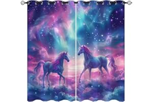 NAIICE Fantasy Unicorn Blackout Curtains for Girls Boys Kids Teens Home Decor, Cute Starry Sky Stars Galaxy Grommet Thermal Insulated Drapes Darkening Window Curtain for Bedroom Living Room, 42 x 45 Inch