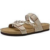 DREAM PAIRS Women's Slides Soft Cork Footbed Sandals Comfortable Walking Slip-on Flat Sandals Arch Support Adjustable Buckle Braided Straps Slippers