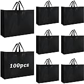 Amylove 100 Pcs Plastic Gift Bags with Handles Black Shopping Frosted Tote Bags Bulk Retail Bag for Small Business Boutique Wedding Holiday Gift Packaging16 x 12"x 6"