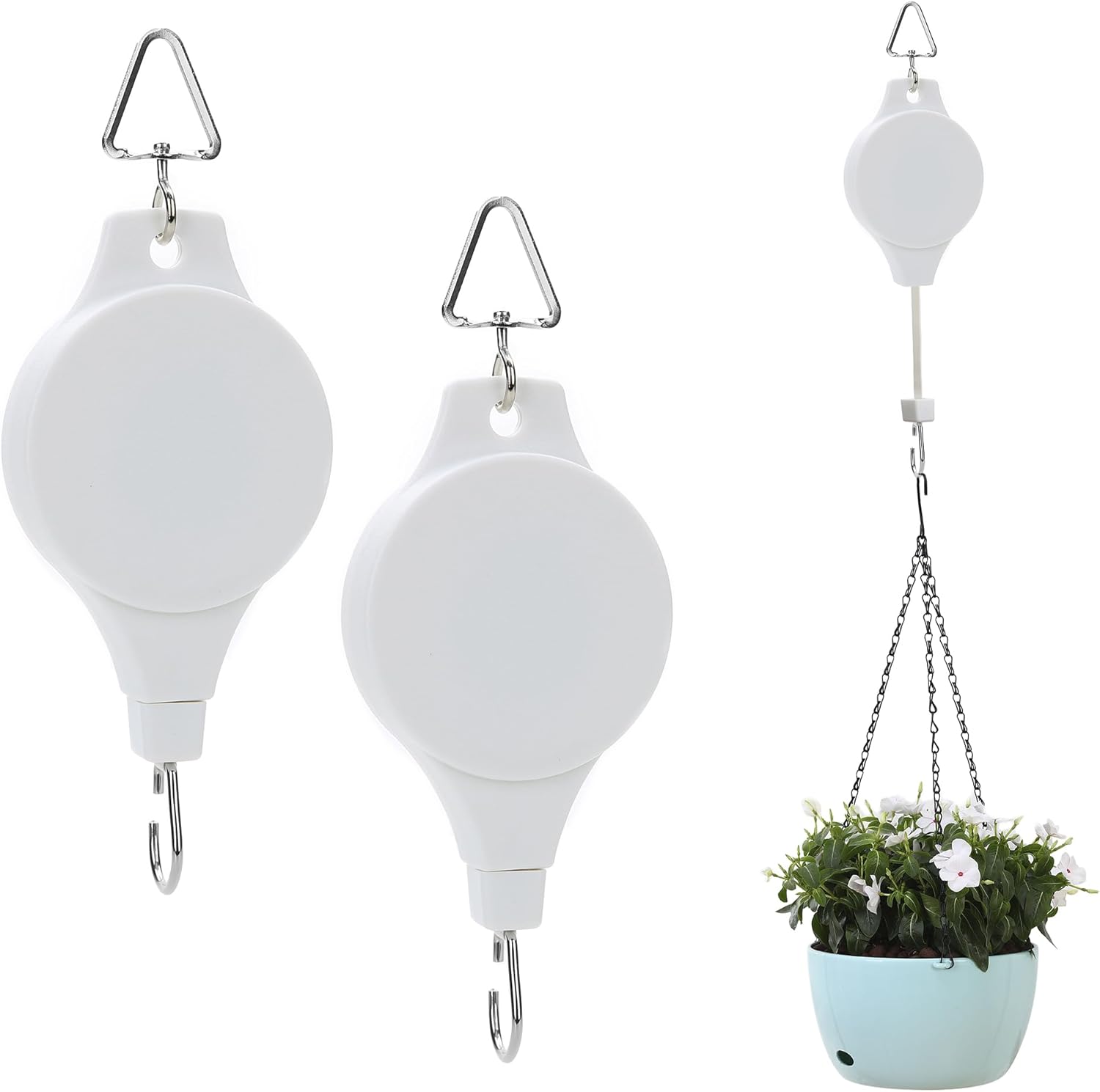 Outdoor Hanging Brackets - 2 Pack Retractable Plant Hanger, Plant Pulley Hook Adjustable Height Wheel Hanging Basket Hook Easy Reach Hanger for Garden Hanging Plants Heavy Duty Baskets, Flower Pots, Birds Feeder - White