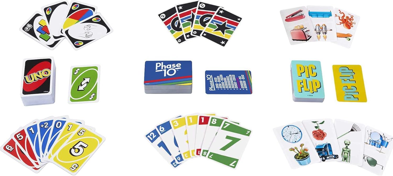 UNO, Phase 10 and Pic Flip Bundle Tin, 3 Mattel Card Games for Players 7 Year Olds & Up, Decorative Storage Tin, Gift for Kid, Family & Adult Game Night 7 Years & Older, Multi (GYK17): Toys & Games