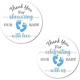 40 Thank You for Showering Our Baby with Love Stickers, 2 Inch Big Round Glossy Labels, Blue Footprints Theme for Boy, Great for Party Favors, Tags, Games and Supplies. Made in USA