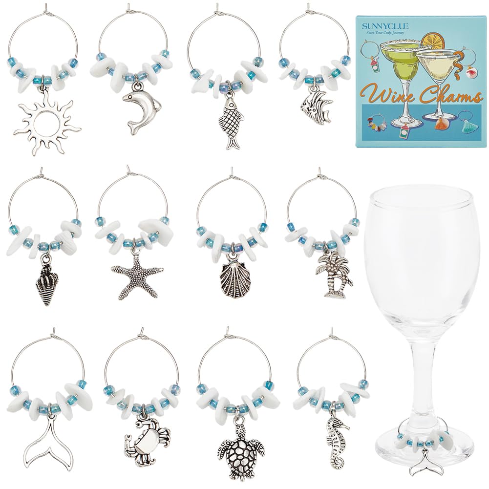 SUNNYCLUE 1 Box 12Pcs Ocean Wine Markers Charms Glass Identifiers Alloy Silver Summer Beach Hawaii Turtle Drink Identifier Tags Bulk for Stem Glasses Wine Tasting Gathering Gift Party Decor Supplies