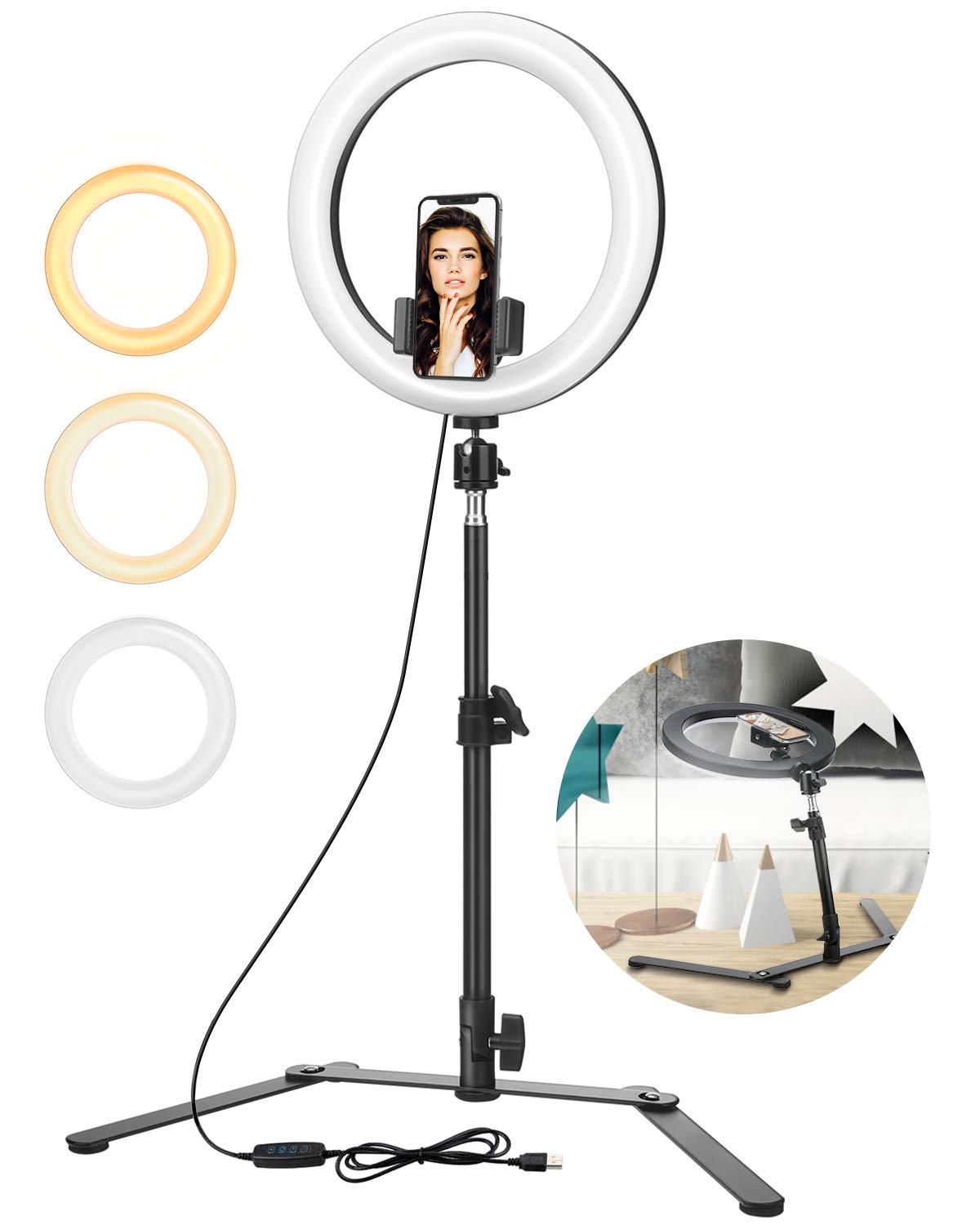 ELEGIANT Selfie Ring Light with Tripod & Cell Phone Holder, 10" Dimmable Desk Makeup Ring Light, Perfect for Live SLive Streaming, YouTube Videos, and Photography, Compatible with iPhone Android