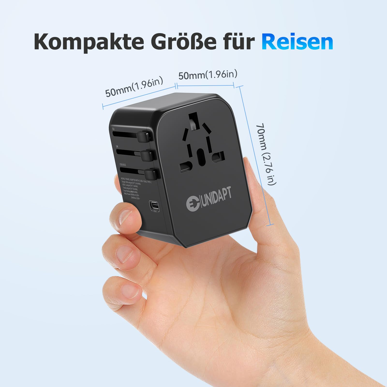 Reiseadapter Weltweit, Unidapt Universal Reisestecker mit 3USB C 2USB und 1AC Steckdose, Internationaler Steckdosenadapter, Universaladapter für Deutschland USA England Thailand Italien Australien 6