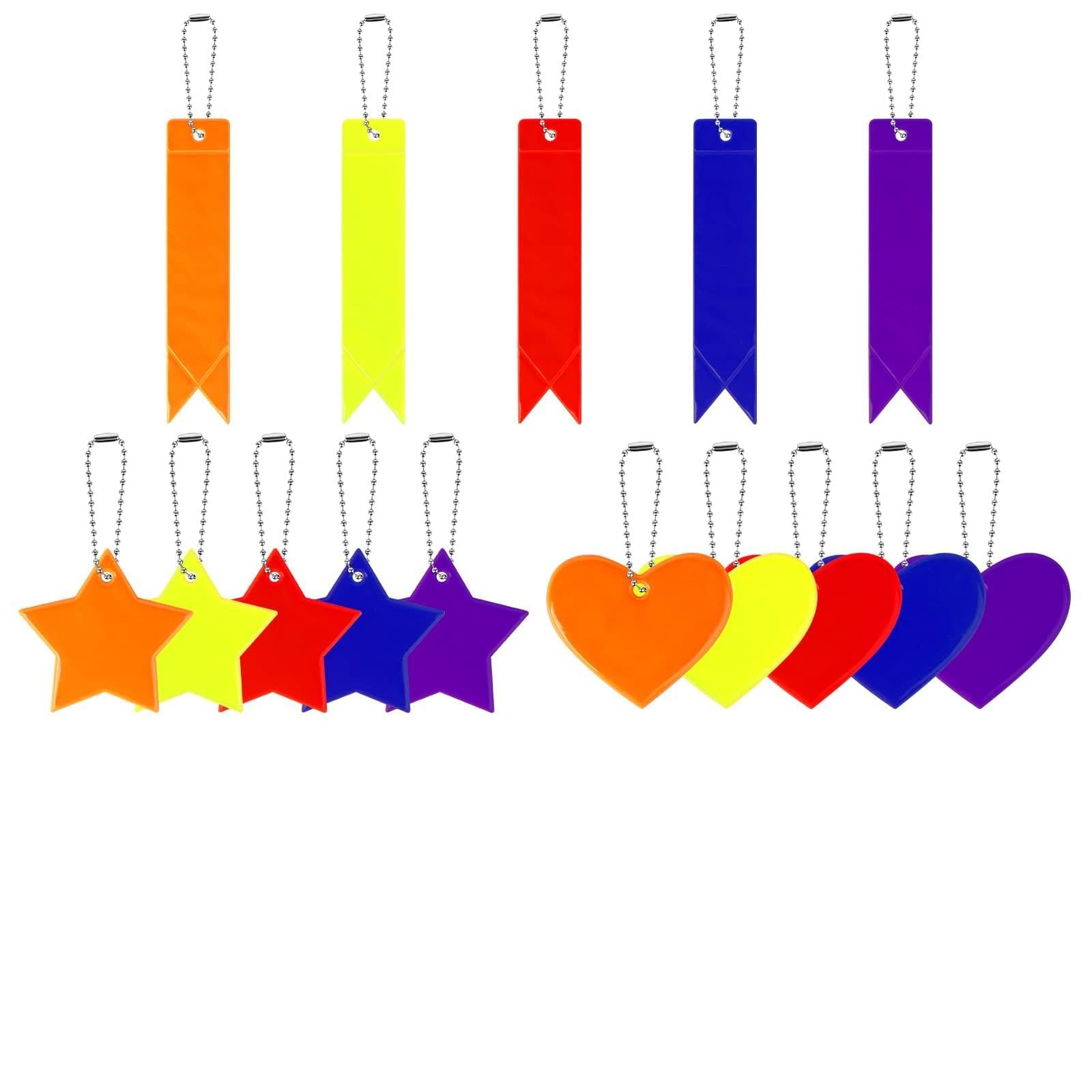 15Pcs Safety Reflector Pendant Reflective Keychains Kids Reflector Tags with Chains High Visibility and Safety at Nigh Reflective Stars Keyring for Kids Bag Cycling Walking Running, 5 Colors