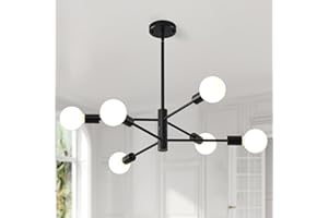 HHR Black Sputnik Ceiling Light, 6-Light Modern Chandelier with Adjustable Height, Mid Century Ceiling Lighting Fixture for Dining Room Kitchen Island Farmhouse