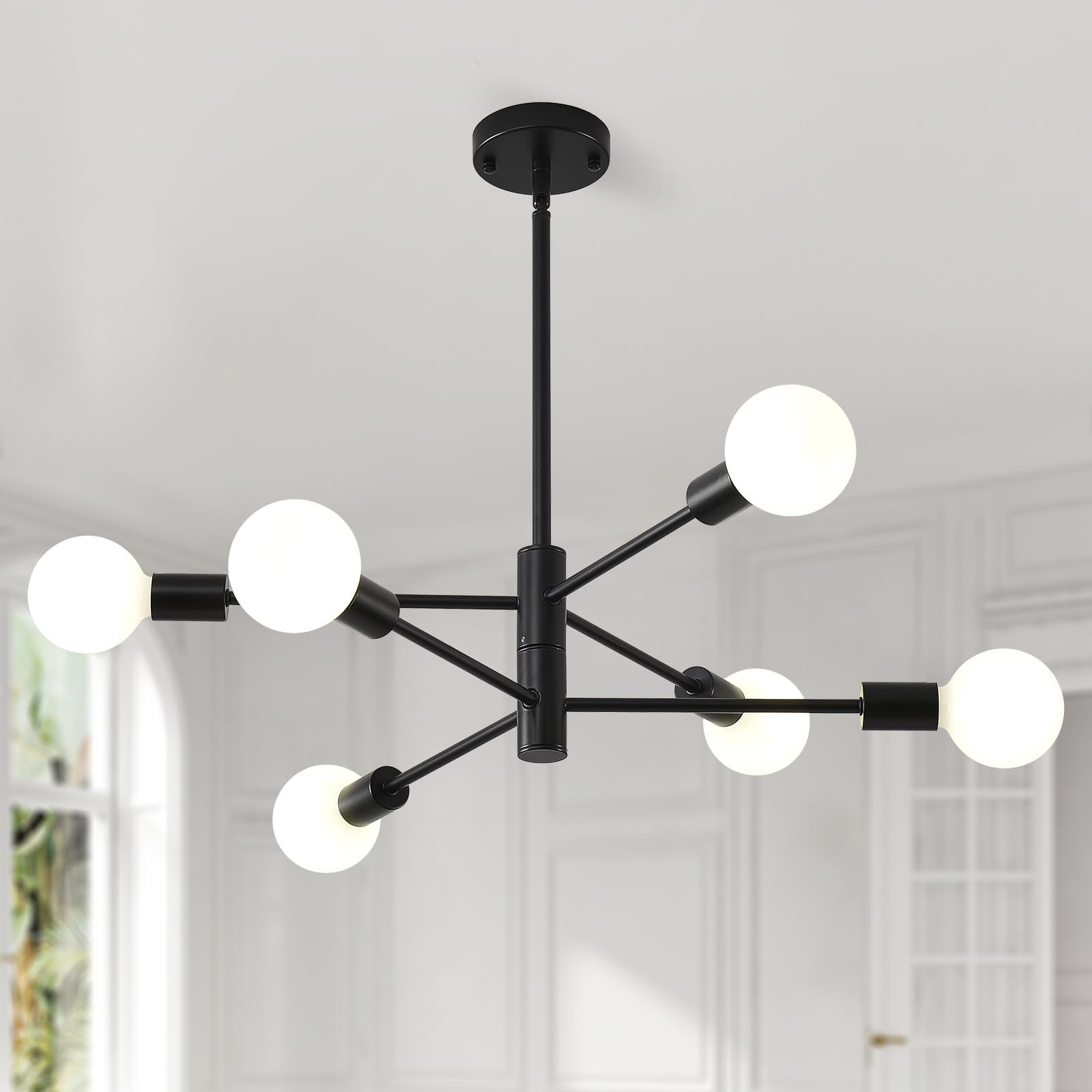 Photo 1 of HHR Black Sputnik Ceiling Light, 6-Light Modern Chandelier with Adjustable Height, Mid Century Ceiling Lighting Fixture for Dining Room Kitchen Island Farmhouse
