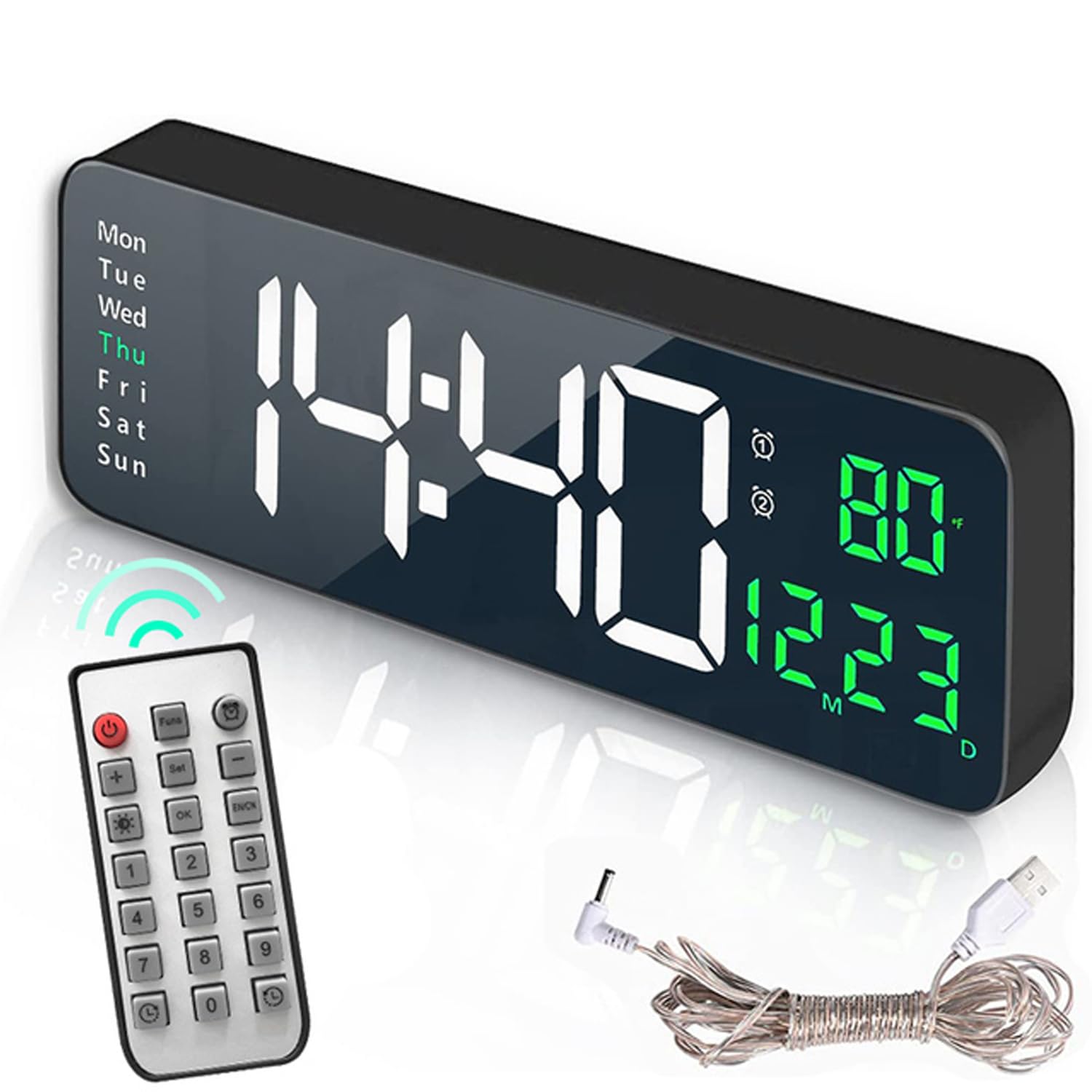 TriLine LED Large Digital Wall Clock for Living Room, Bedroom with Remote Control, 16 Inch LED Desk Clock Temperature, Date, Week, Dual Alarms, 10 Level Dimming, Count Up& Down (Green)
