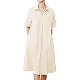 Minibee Women's Linen Shirt Dress Plus Size V Neck Short Sleeve Casual Summer Swing Midi Dresses